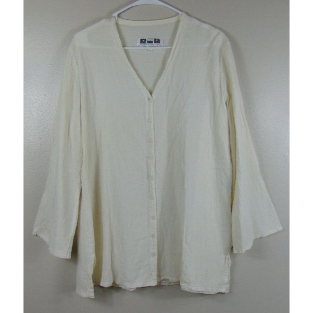 Just Cruizin Ivory Button Top Womens Medium Bell Sleeve Coastal Lagenlook Beachy